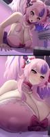 streamer ironmouse breasts drawing white_hair blonde comic color large_breasts cleavage breast_crush purple_eyes pink_eyes shrunken_woman indoors necklace looking_at_tiny hair_streak kentaryu