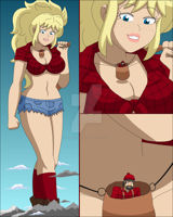 breasts drawing giantess giga mega blonde comic color long_hair giant blue_eyes cleavage socks boots shorts mountains clouds hat grey_hair freckles shirt top looking_at_tiny bare_legs nightcore100 makeshift_clothing bare_midriff paul_bunyan betty_bunyan lumberjack