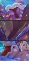 breasts drawing giantess panties blonde comic color destruction blue_eyes buildings butt_crush gloves elf looming mountains snow night hat trees stars legs_crossed santa_hat pointed_ears bare_legs cutaway santa_suit ondieony