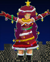 breasts drawing giantess city alien color long_hair cleavage buildings green_eyes teen_titans gloves red_hair starfire dress boots night decorations christmas_tree dc_comics orange_skin bare_legs nightcore100 santa_suit christmas