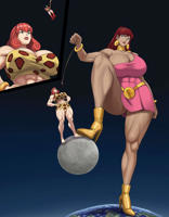 multiple_sizes costume breasts drawing giantess earth giga mega space black_hair color blue_eyes barefoot cleavage skirt high_heels green_eyes moon giganta red_hair ponytail boots muscles abs giantesses thighs wonder_woman earrings top belt bracelet hands_on_hips lasso leopard_print looking_at_tiny dc_comics cosmic_giantess bare_legs cutaway bare_midriff looking_at_tinies dhrclgns