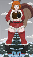 breasts drawing giantess tail color brunette socks gloves short_hair boots shorts mountains snow forest hat freckles trees top belt hands_on_hips axe bare_legs marvel_comics nightcore100 squirrel_ears bare_midriff buckteeth santa_suit squirrel_girl_(marvel)