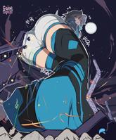 breasts drawing giantess white_hair mega black_hair color butt destruction moon asian boots shorts night thighs jacket point_of_view stars looking_behind stage marvel_comics gamefreakdx luna_snow marvel_rivals