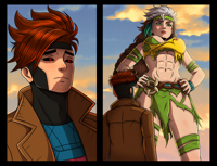 loincloth parody marvel_rivals breasts drawing giantess white_hair mega comic color cleavage bra green_eyes red_eyes brunette abs thighs jacket costume braid top belt ripped_clothing headband hands_on_hips x-men looking_at_tiny bare_legs marvel_comics gambit makeshift_clothing bare_midriff rogue_(x-men) bigchipher66