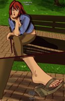 breasts giantess comic toes barefoot cleavage green_eyes climbing park red_hair sitting sandals unaware shrunken_man pants red_nails jacket costume shirt bench dialogue legs_crossed mary_jane spider-man marvel_comics bare_midriff scrungeesmall