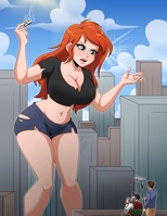 ameliaafterdark breasts drawing giantess city mega color long_hair cleavage buildings green_eyes angry brunette red_hair sitting watch shorts parody sunglasses clouds hat grey_hair freckles top flag ripped_clothing filming movie_crew attack_of_the_50_foot_woman pinched looking_at_tiny jeanshorts mary_jane bare_legs spider-man marvel_comics bare_midriff directors_chair script