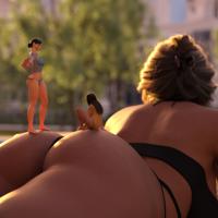 giantess bikini butt swimsuit brunette lips shrunken_woman standing thighs thick_thighs digital_render multiple_girls 3girls sloyers