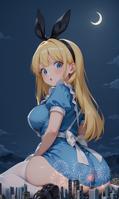 breasts giantess blushing blonde large_breasts long_hair butt blue_eyes shoes moon dress sitting open_mouth night sky fireworks looking_back thigh_highs hairband bangs night_sky crescent_moon solo ai_art yuegts black_footwear skindentation alice_(alice_in_wonderland) white_thighhighs looking_down ambiguously_alice