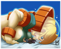 giantess tail size_difference blonde blue_eyes cat_ears brunette smiling short_hair shrunken_man snout space_suit dkdevil between_breasts squished 1boy