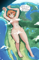 breasts drawing giantess nude earth giga space color toes barefoot ocean green_eyes smiling lying_down short_hair clouds thighs dialogue orange_hair sam convenient_censorship sihagen