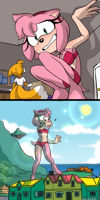 breasts drawing growth giantess panties tail city mega comic color cleavage bra ocean buildings green_eyes fox amy_rose sun sonic_the_hedgehog hedgehog mountains hairband looking_at_tiny bare_legs outgrowing_room pink_skin bare_midriff miles_tails_prower angelamyrose
