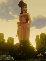 breasts giantess city mega long_hair buildings brunette purple_eyes park dress disney trees looking_at_viewer hands_on_hips fountains lamppost digital_render hercules megara conqueringgoblin
