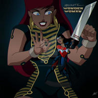 breasts drawing giantess black_hair color long_hair armor blue_eyes sword skirt giganta gloves red_hair ponytail boots fighting tattoo costume wonder_woman earrings bracelet tiara flick no_background looking_at_tiny dc_comics absolute_wonder_woman joshdancato