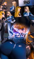 breasts vore blonde comic black_hair long_hair butt blue_eyes gloves stomach shorts shrunken_man inside_view costume fantastic_four cape earrings top belt hands_on_hips x-men spikes digital_render invisible_woman marvel_comics bare_midriff susan_storm ds-sael doctor_strange magik marvel_rivals