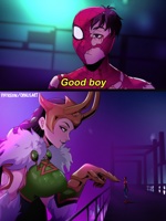 breasts giantess horns mega comic black_hair large_breasts long_hair green_eyes blood brunette gloves parody mask costume cape ripped_clothing pointing bending_forward helmet catwalk looking_at_tiny loki opal marvel_comics peter_parker lady_loki spider-man marvel_rivals