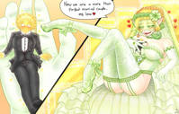giantess breasts drawing panties mega blonde comic color handheld cleavage stockings gloves elf sitting wedding_dress suit thighs bride wedding dialogue veil pointed_ears hair_bun megami-majou gold_skin saturnin sterling