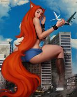 giantess breasts drawing tail city mega color long_hair butt destruction handheld buildings fox_ears red_hair boots shorts airplane vehicles thighs truck fox_girl top vehicle_crush looking_behind sitting_on_building cracked_ground armbands bare_legs bare_midriff adamdraws