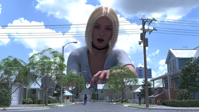 giantess blonde clothed buildings digital_render taintedwizard breasts city mega street lying_down choker freckles shirt power_lines running_away