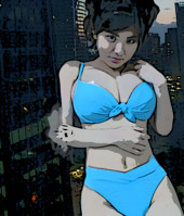 bikini looking_at_viewer leaning_on_building stylized Mega breasts giantess collage mega story asian gtsmakerdj