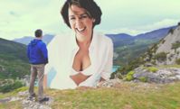 breasts giantess collage mega story gtsmakerdj claire_sweeney bra smiling open_shirt laughing mountains walker Mega