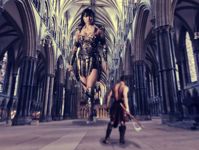 breasts giantess collage mega domination story gtsmakerdj lucy_lawless size_difference sword warrior battle xena axe Mega