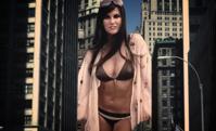 breasts giantess collage mega story gtsmakerdj caroline_munro vintage looking_at_viewer swimwear between_buildings Mega