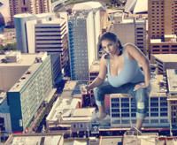 breasts giantess collage mega story megagiantess gtsmakerdj miss_issy looking_at_viewer sitting_on_building holding_vehicle Mega Megagiantess