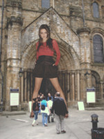 skirt looking_at_viewer hands_in_pockets breasts giantess collage story mini mini_giantess mila_kunis gtsmakerdj