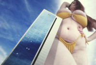 bikini red_hair looking_down upward Mega Megagiantess point_of_view looking_at_viewer upward_view hand_behind_head hand_on_waist large_breasts breasts giantess collage mega story megagiantess gtsmakerdj lady_ginger_lust