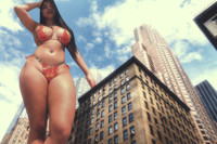 bikini city looking_down thighs point_of_view looking_at_viewer upward_view hand_behind_head Mega Megagiantess breasts giantess collage mega story asian megagiantess gtsmakerdj yoyowooh