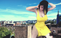 breasts giantess collage mega story asian megagiantess gtsmakerdj niparat_konyai city large_breasts dress sitting_on_building newcastle playing_with_hair Mega Megagiantess thighs armpits