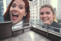breasts giantess collage mega story scarlett_johansson meme megagiantess gtsmakerdj florence_pugh city smiling laugh balcony Mega Megagiantess