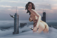 breasts giantess collage mega domination story asian megagiantess gtsmakerdj yoko_matsugane bikini city butt handheld clouds looking_back looking_at_viewer aircraft between_buildings rear_view holding_airplane Mega Megagiantess