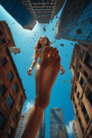 city black_hair long_hair destruction barefoot buildings brunette day skyscraper tower standing outdoors sky foot_pov point_of_view from_below rooftop solo 1girl giantess ai_art mega