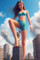 giantess ai_art city mega long_hair destruction barefoot buildings brunette skyline navel day shorts skyscraper tower cloud standing outdoors sky closed_eyes sports_bra bare_midriff solo realistic bike_shorts 1girl