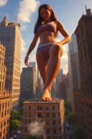 giantess ai_art bikini breasts crush panties feet city black_hair long_hair swimsuit destruction barefoot buildings brunette underwear smiling navel day skyscraper cloud standing dark_skin outdoors sky tinies closed_eyes
