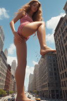 giantess ai_art crush city mega blonde long_hair butt swimsuit destruction barefoot buildings foot_crush day skyscraper cloud standing sky striped from_below one-piece_swimsuit 1girl striped_swimsuit