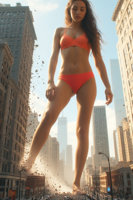 giantess ai_art bikini breasts crush city black_hair long_hair swimsuit destruction barefoot buildings skyline day skyscraper tower standing sky ruins closed_eyes sunlight realistic red_bikini 1girl