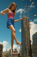 giantess ai_art city blonde destruction barefoot buildings day skyscraper cloud standing outdoors sky bare_shoulders rooftop solo 1girl