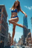 giantess ai_art bikini breasts crush city long_hair swimsuit destruction barefoot buildings lips day skyscraper cloud standing outdoors sky closed_eyes rooftop sports_bra realistic blue_bikini 1girl
