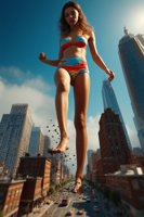 bikini breasts crush city mega long_hair destruction toes barefoot buildings brunette lips day shorts short_shorts skyscraper sky bare_midriff 1girl strapless giantess ai_art