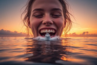vore teeth water ocean brunette sun face open_mouth cloud outdoors sky sunset ships twilight evening orange_background scenery 1girl orange_sky gradient_sky giantess ai_art