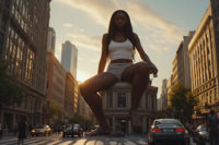 giantess ai_art city long_hair barefoot buildings sitting shorts skyscraper cloud vehicles dark_skin outdoors sky tinies shirt rooftop tiny_car
