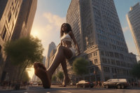 giantess ai_art breasts feet city black_hair long_hair toes barefoot buildings soles tree sitting skyscraper cloud vehicles dark_skin outdoors sky sunset tinies looking_at_viewer scenery 1girl tiny_cars