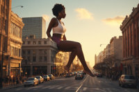 giantess ai_art breasts city black_hair barefoot skirt buildings skyline short_hair sitting queen cloud dark_skin outdoors sky sunset tinies bare_shoulders rooftop medium_breasts scenery 1girl tiny_cars architecture