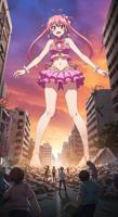 breasts city mega destruction toes barefoot skirt buildings anime pink_hair unknown_artist pink_eyes bow top crowds bare_legs flower_in_hair bare_midriff looking_at_tinies soruce_needed ai_art giantess