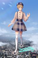 giantess drawing crush mega blonde blue_eyes skirt smiling short_hair day trample standing outdoors sky hat necklace thigh_highs looking_at_viewer belt plaid bangs long_sleeves closed_mouth solo 1girl full_body white_legwear
