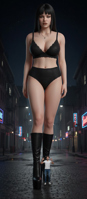 breasts panties city black_hair large_breasts long_hair cleavage bra underwear navel black_eyes shrunken_man standing night kneehighs looking_at_viewer black_bra bangs lace black_legwear realistic medium_breasts 1girl blunt_bangs collarbone full_body arms_at_sides giantess