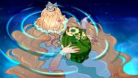 giantess blonde long_hair blue_eyes water dress crown shrunken_man super_mario jewelry earrings floating princess_rosalina gem very_long_hair 1girl hair_over_one_eye drawing