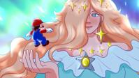 drawing blushing blonde long_hair blue_eyes mario brunette smiling lips gloves dress crown shrunken_man overalls super_mario hat jewelry earrings bare_shoulders elbow_gloves white_gloves princess_rosalina very_long_hair sparkle frills 1girl 1boy hair_over_one_eye star_(symbol) star_earrings sparkle_background star_print giantess